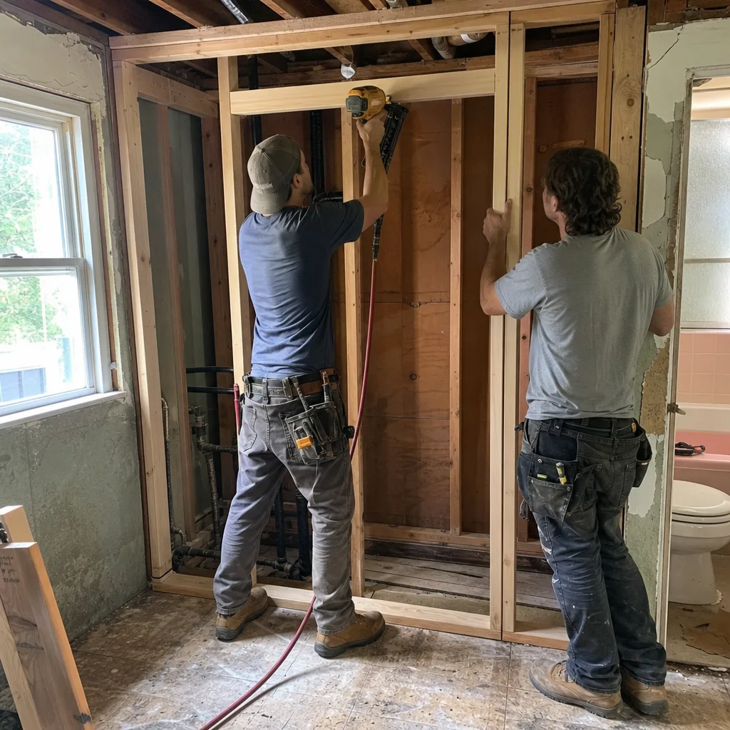 Two professional contractors framing a wall during a bathroom renovation project.