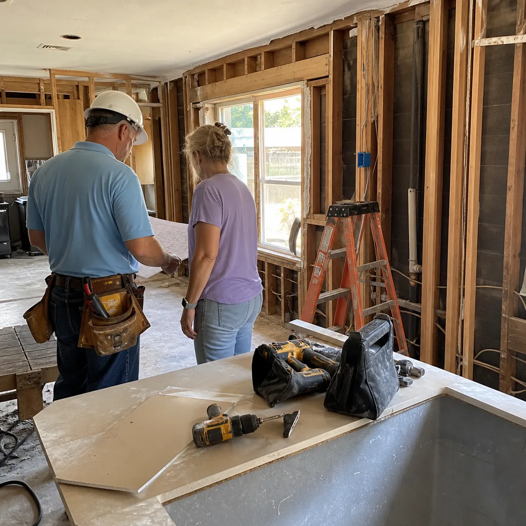 General contractor reviewing renovation plans with a client in a home.