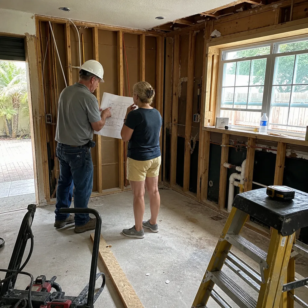 General contractor reviewing renovation blueprints with client on construction site