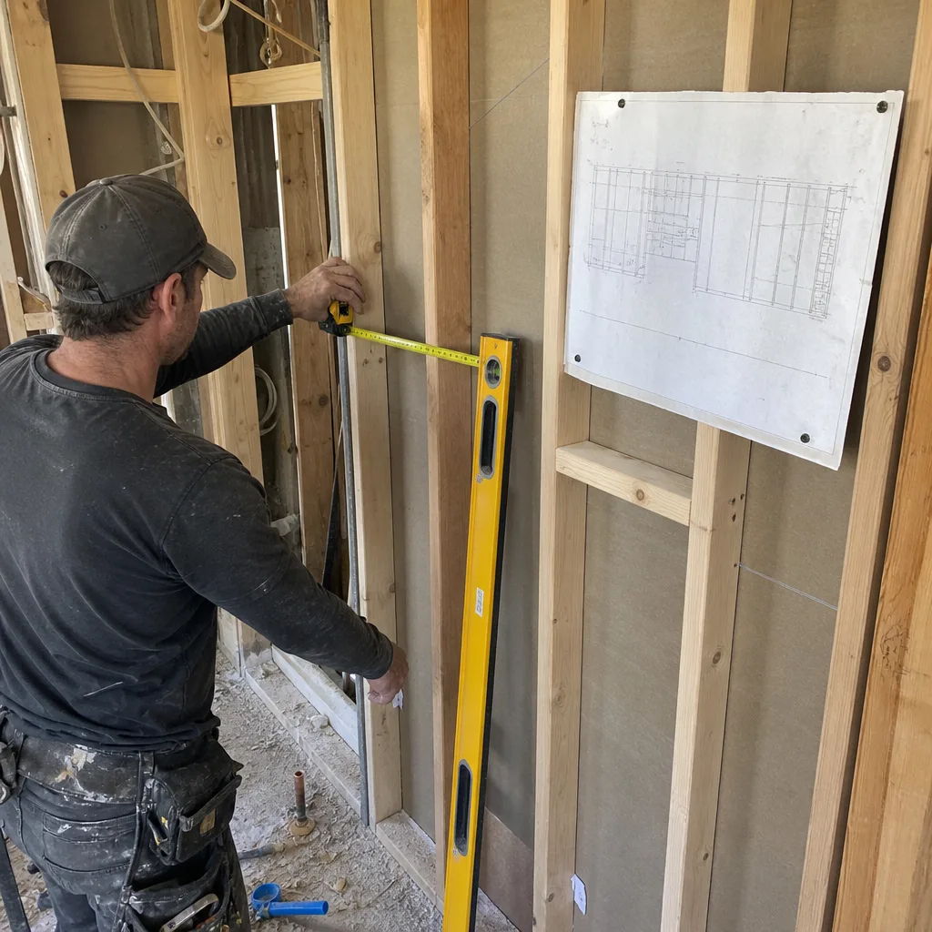 Contractor measuring wooden wall studs for professional framing installation