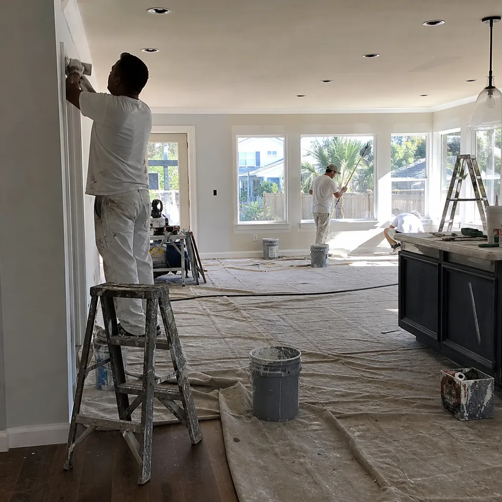 professional construction crew performing interior home remodeling and drywall work in Tampa, FL