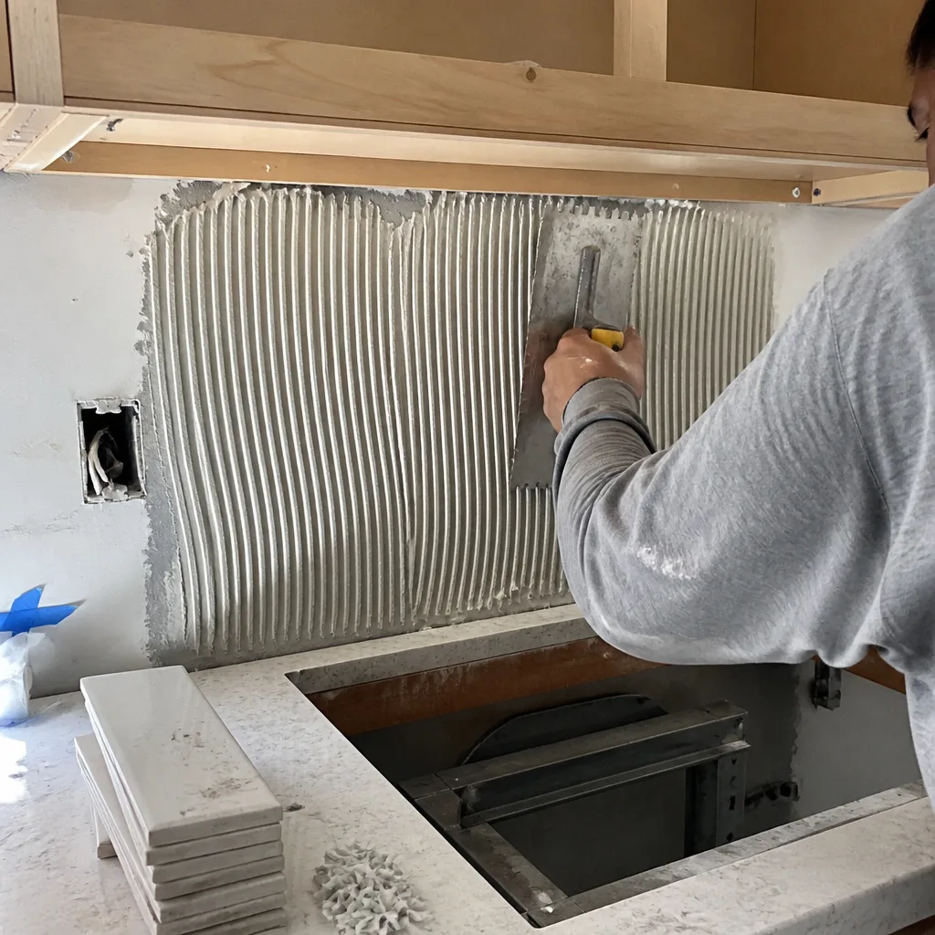Professional contractor applying thin-set mortar for kitchen backsplash installation