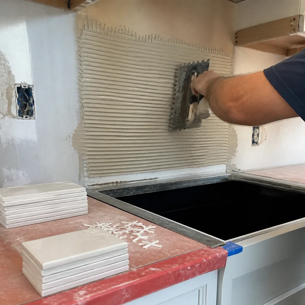 Contractor applying mortar for kitchen backsplash tile installation