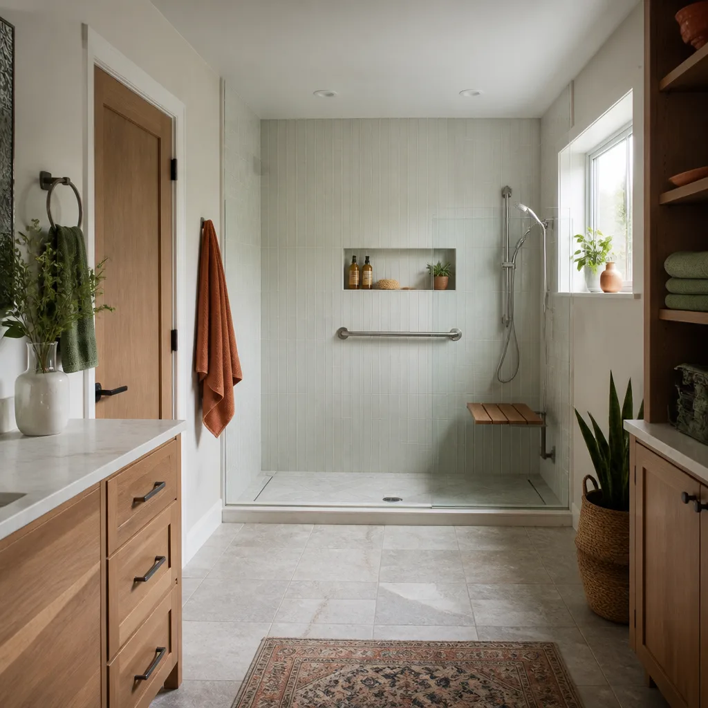 A low-threshold walk-in shower with a bench and grab bar