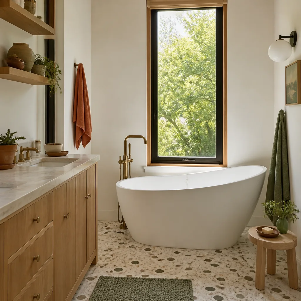 A freestanding soaking tub in a remodeled primary bathroom