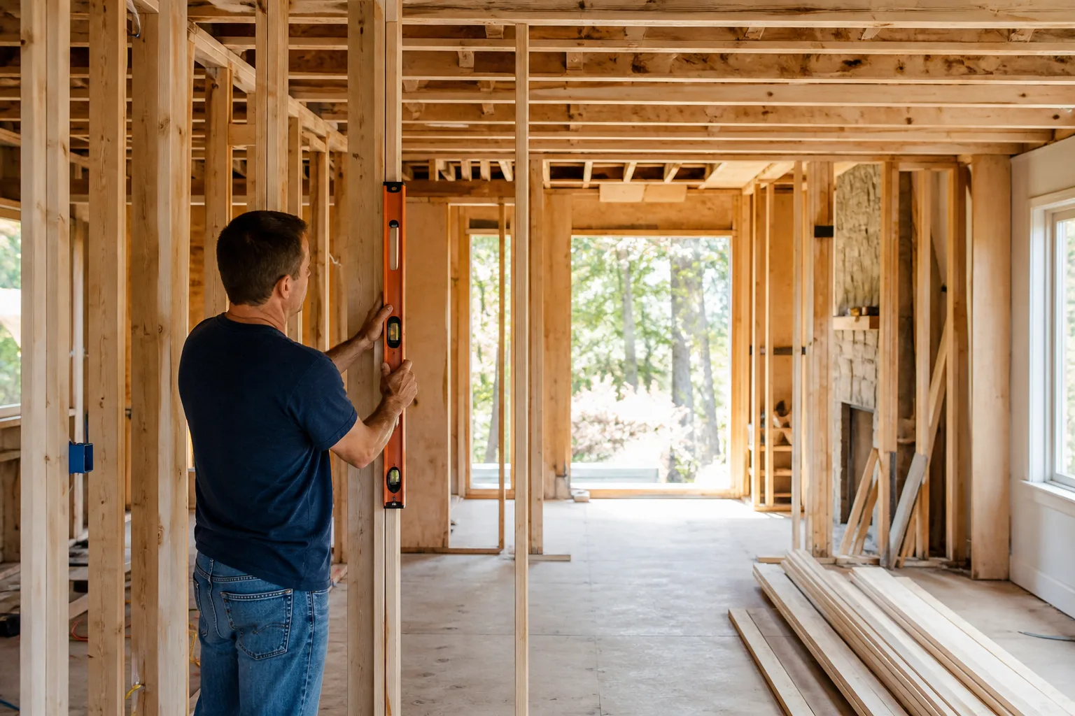 A framer checking new wall framing on a home addition