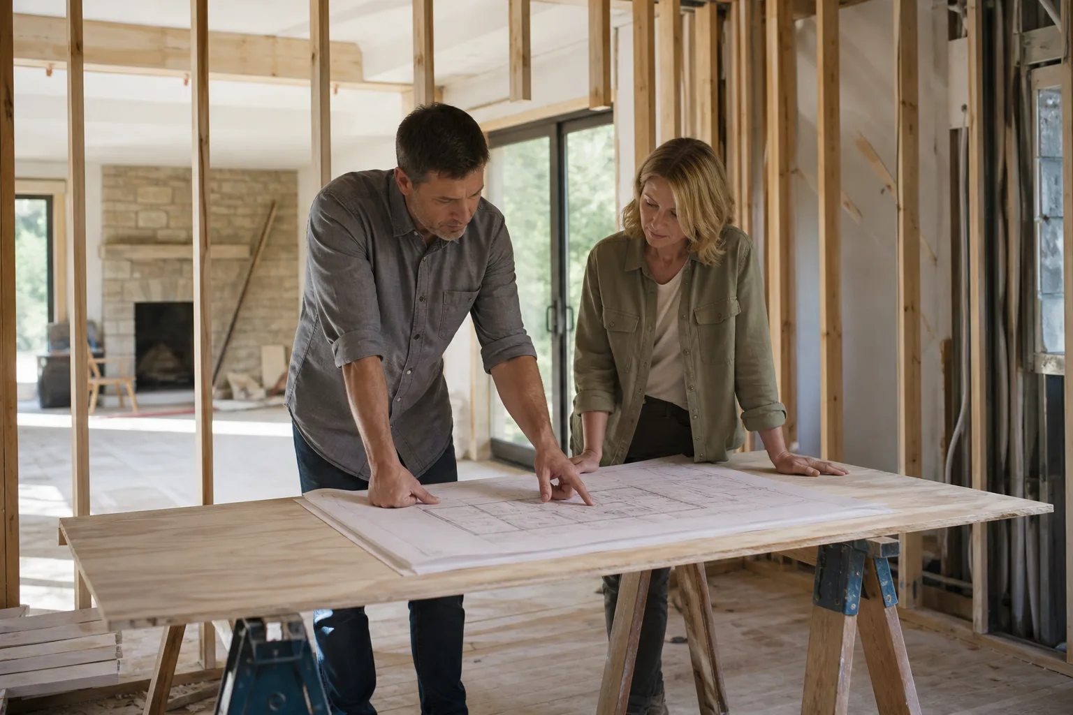 A project lead and homeowner reviewing plans in a room under renovation