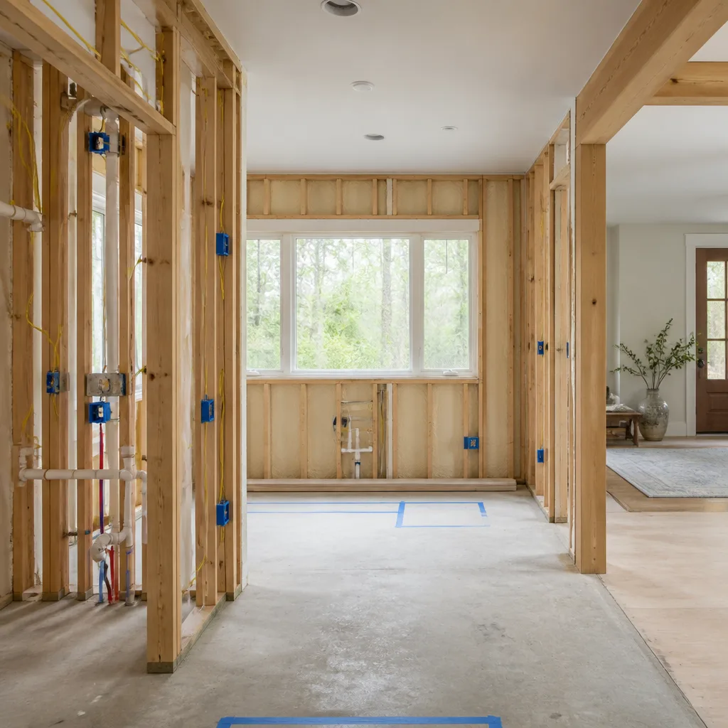 A room opened to the studs with new wiring and plumbing