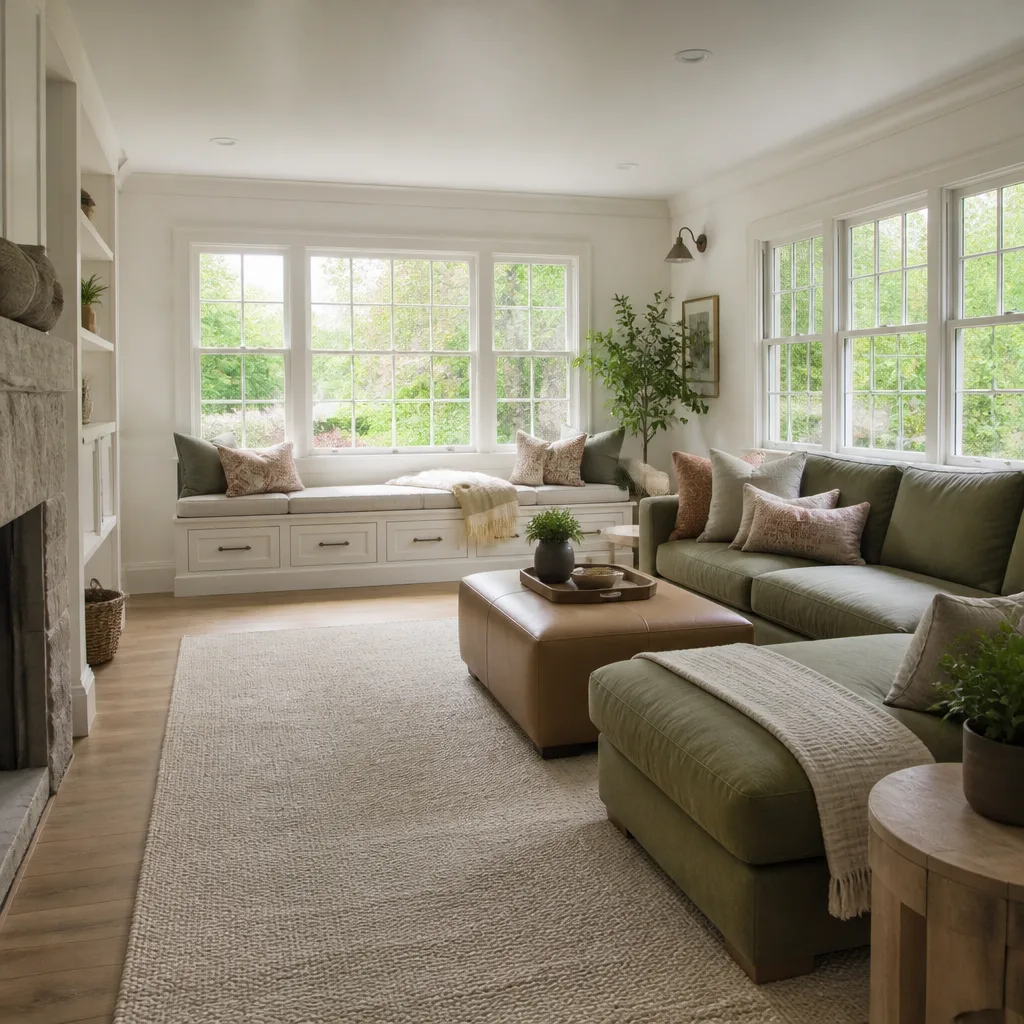 A remodeled family room with new windows and a window seat
