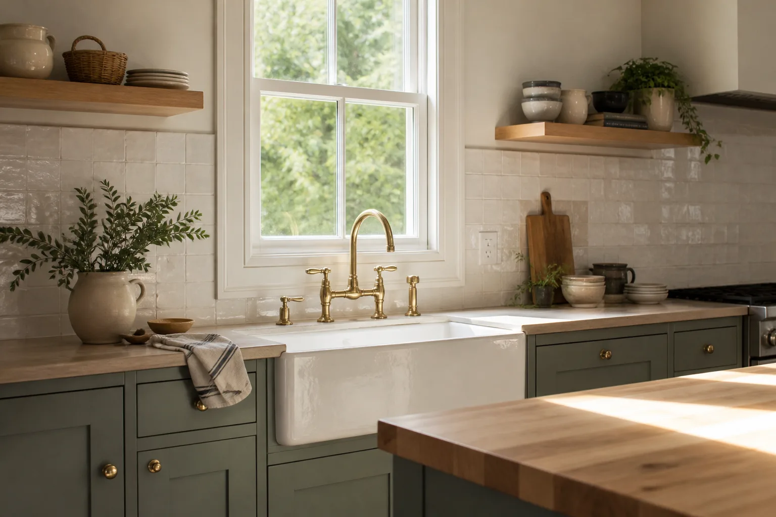 A remodeled kitchen with painted cabinets and a farmhouse sink