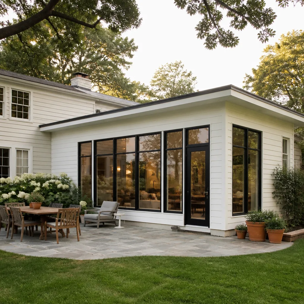 A single-story rear room addition with tall windows and a new patio